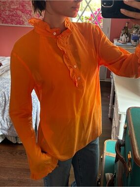 Bright Orange Ruffle Button-Up Blouse